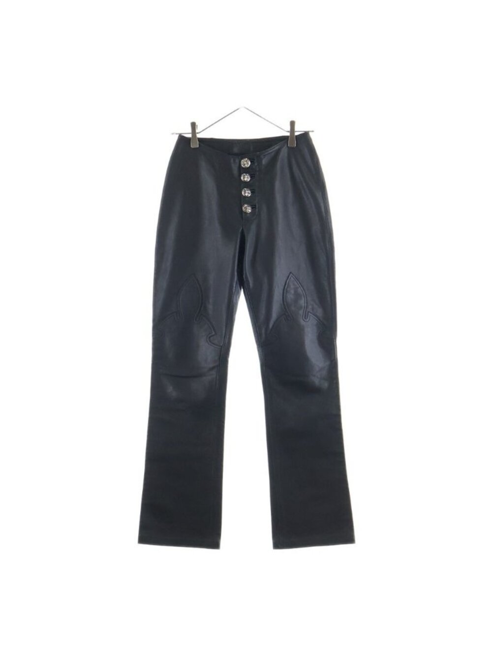 Chrome Hearts Lthr Pants Button Fly Cross Ball Flare Knee Leather Long